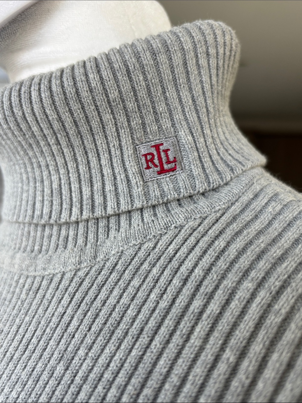 Lauren Ralph Lauren Vintage Ribbed Turtleneck Long Sleeve Top Grey/Red Logo S - Picture 5 of 7